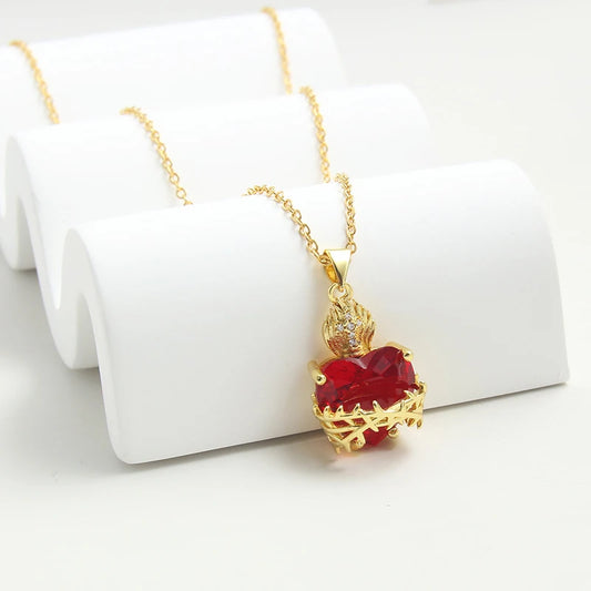 Crimson Vines Gothic Heart Necklace – Gold Cross & Red Zircon Pendant for Him or Her | Bold Punk-Inspired Party Gift