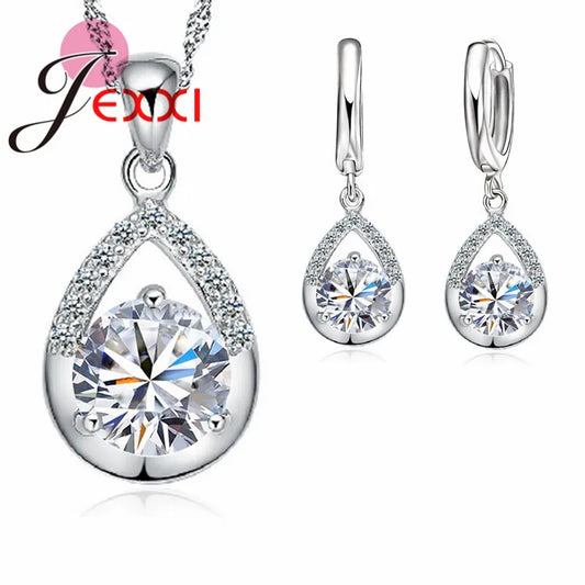 Elegant 925 Sterling Silver Jewelry Set – White Gold-Plated Earrings & Necklace for Women, Perfect for Weddings