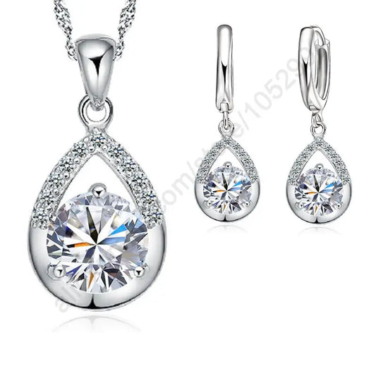 Elegant 925 Sterling Silver Jewelry Set – White Gold-Plated Earrings & Necklace for Women, Perfect for Weddings