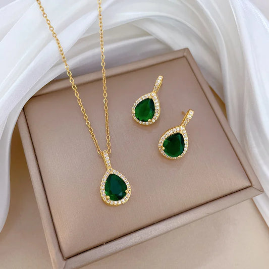Elegant Green Rhinestone Waterdrop Pendant Necklace & Stud Earrings Set – Bridal & Wedding Jewelry