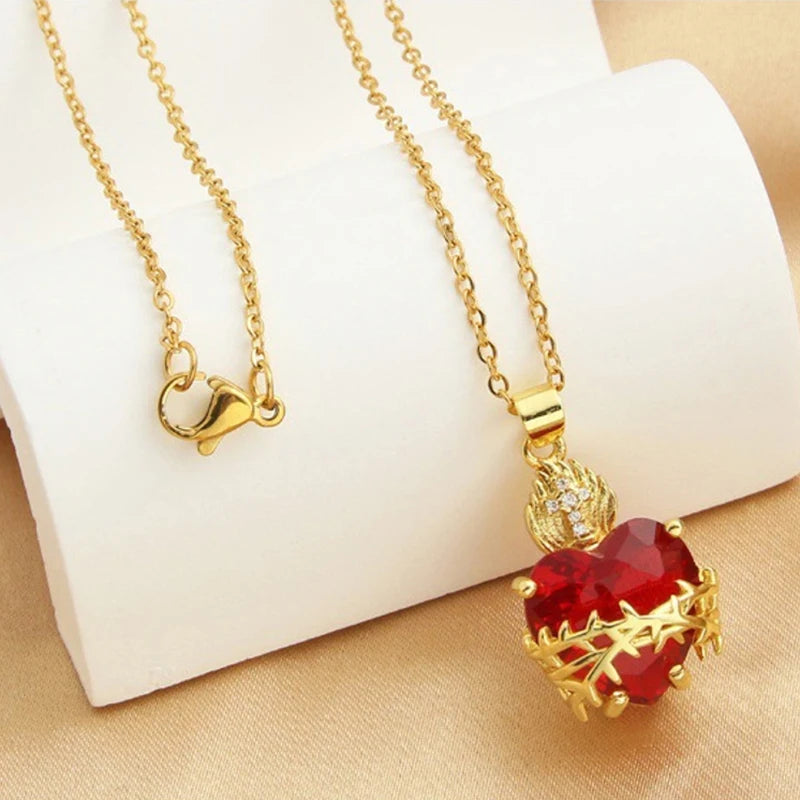 Crimson Vines Gothic Heart Necklace – Gold Cross & Red Zircon Pendant for Him or Her | Bold Punk-Inspired Party Gift