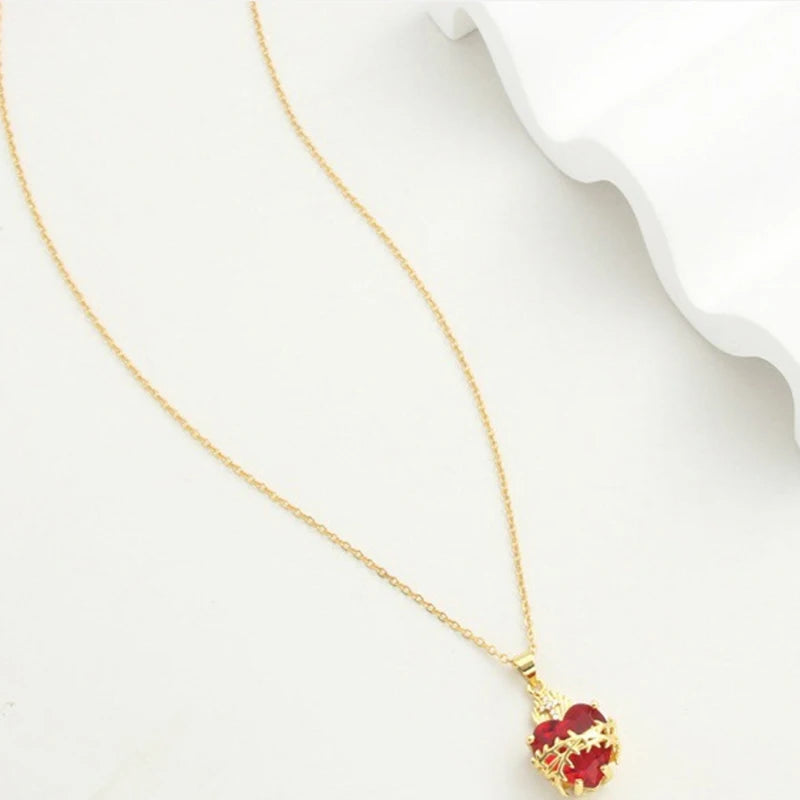 Crimson Vines Gothic Heart Necklace – Gold Cross & Red Zircon Pendant for Him or Her | Bold Punk-Inspired Party Gift