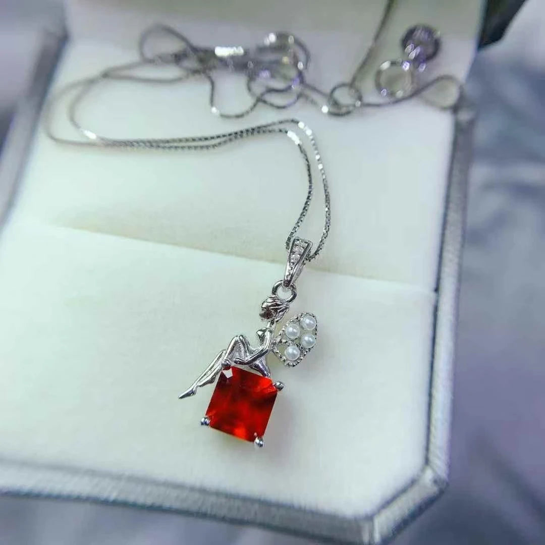 925 Silver Fairy Pendant with 6mm Natural Garnet – 18K Gold Plated Necklace – Birthday Gift for Women