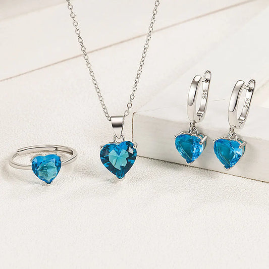 Elegant 925 Silver Heart Zircon Jewelry Set – Women's Ring, Earrings & Necklace for Weddings, Engagements, and Special Occasions