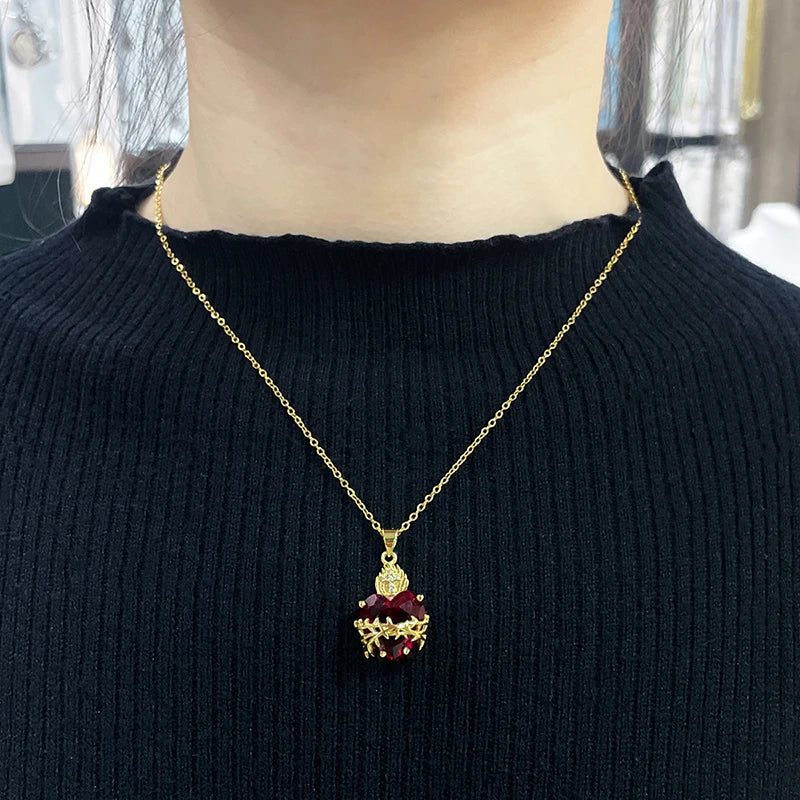 Crimson Vines Gothic Heart Necklace – Gold Cross & Red Zircon Pendant for Him or Her | Bold Punk-Inspired Party Gift