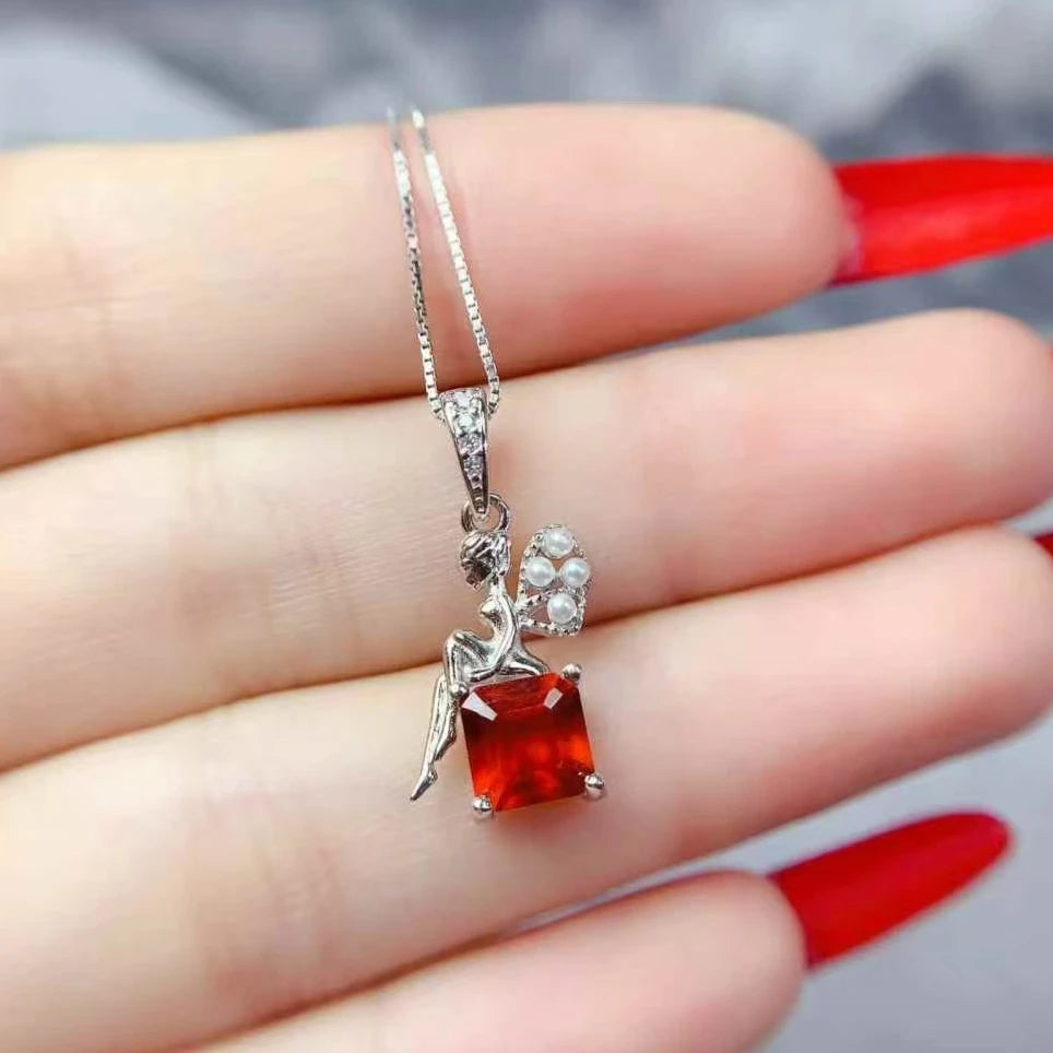 925 Silver Fairy Pendant with 6mm Natural Garnet – 18K Gold Plated Necklace – Birthday Gift for Women