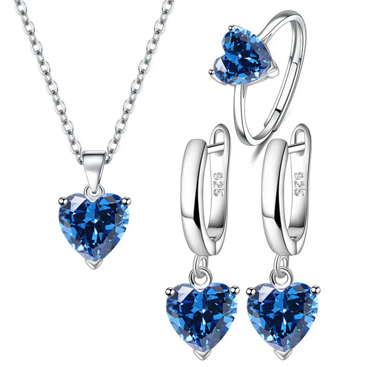 Elegant 925 Silver Heart Zircon Jewelry Set – Women's Ring, Earrings & Necklace for Weddings, Engagements, and Special Occasions