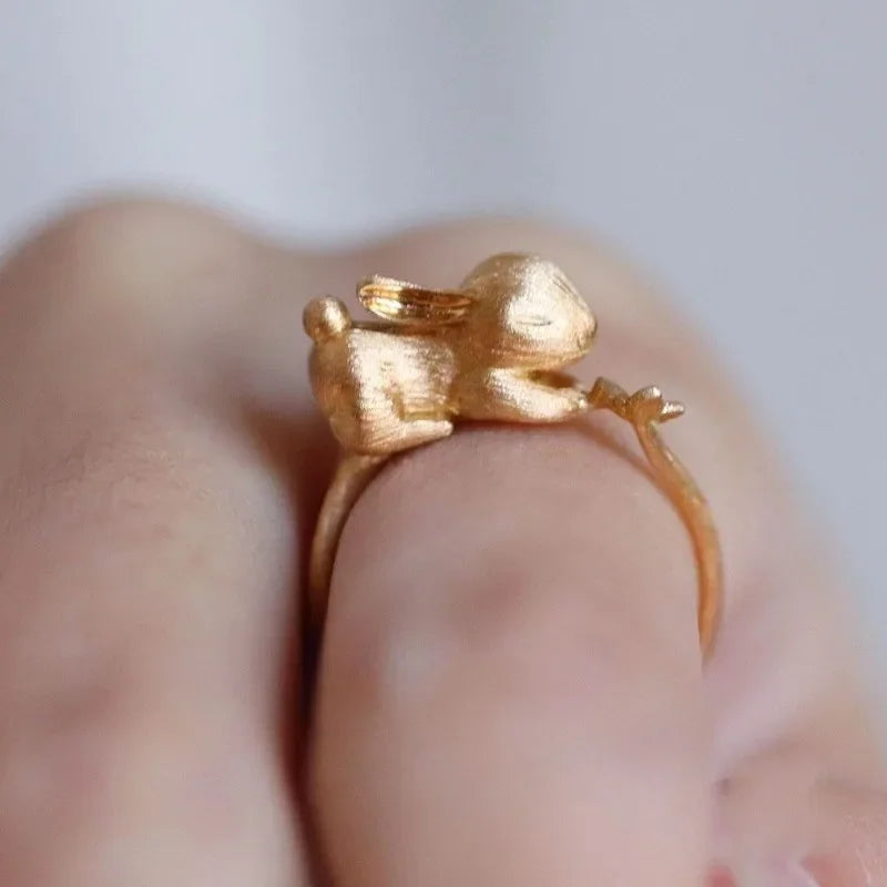 Cute & Exquisite Rabbit Jewelry Set – Fun Matte Ancient Gold Earrings, Ring, and Necklace for Women, Perfect Gift for Girlfriend