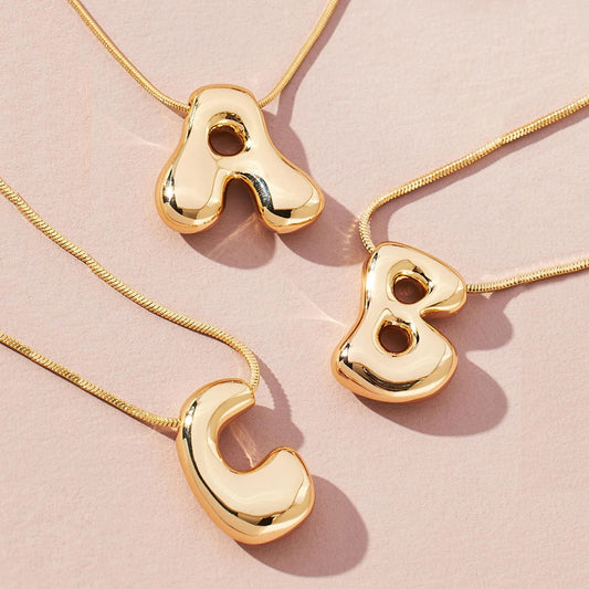 Gold Steel Initial Necklace – Chunky Bubble Letter Pendant, Bold Statement Jewelry for Women & Girls