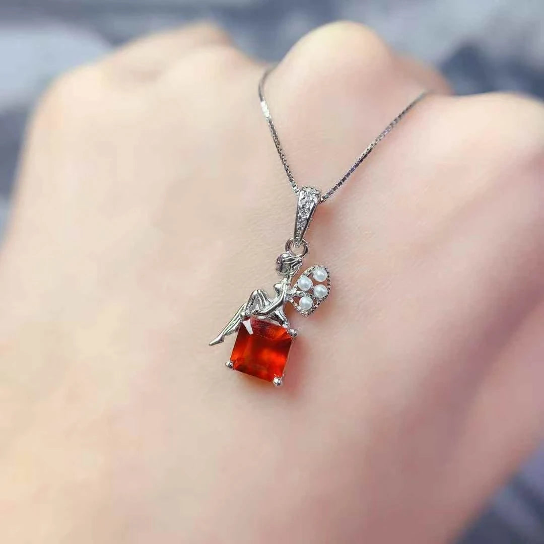 925 Silver Fairy Pendant with 6mm Natural Garnet – 18K Gold Plated Necklace – Birthday Gift for Women