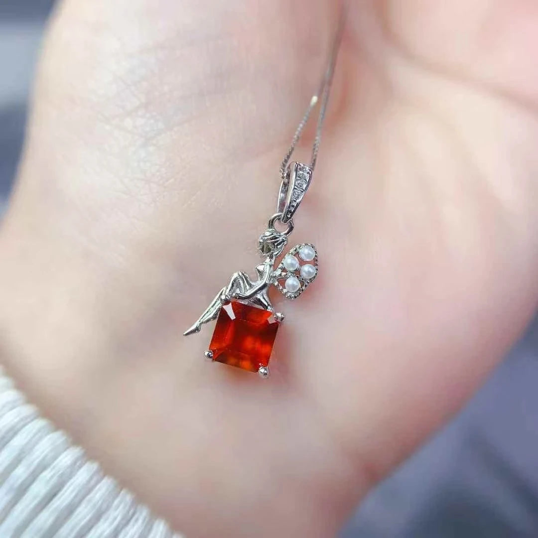 925 Silver Fairy Pendant with 6mm Natural Garnet – 18K Gold Plated Necklace – Birthday Gift for Women