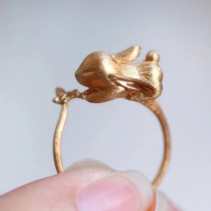 Cute & Exquisite Rabbit Jewelry Set – Fun Matte Ancient Gold Earrings, Ring, and Necklace for Women, Perfect Gift for Girlfriend