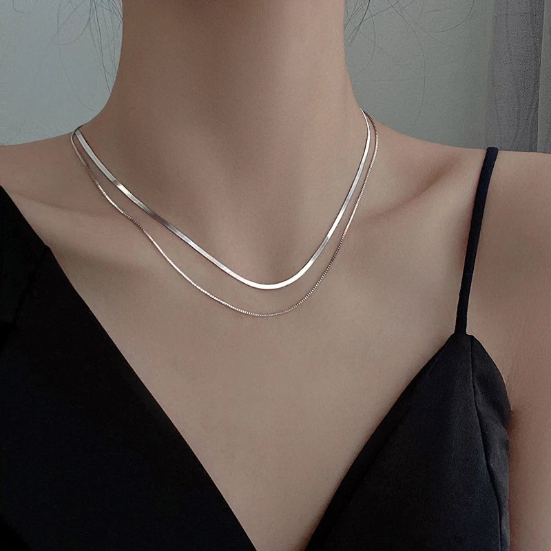 925 Sterling Silver Double-Layer Snake Chain Necklace – Timeless Unisex Design with a Touch of Retro Elegance