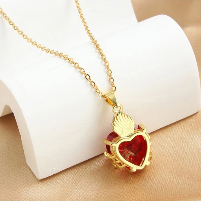 Crimson Vines Gothic Heart Necklace – Gold Cross & Red Zircon Pendant for Him or Her | Bold Punk-Inspired Party Gift