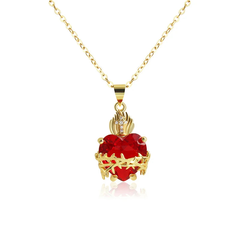 Crimson Vines Gothic Heart Necklace – Gold Cross & Red Zircon Pendant for Him or Her | Bold Punk-Inspired Party Gift