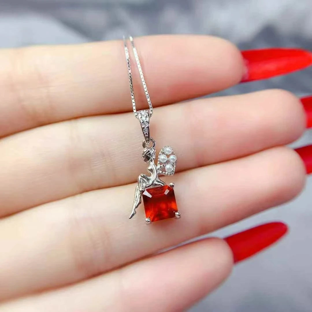 925 Silver Fairy Pendant with 6mm Natural Garnet – 18K Gold Plated Necklace – Birthday Gift for Women