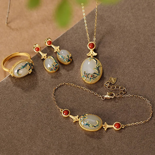 Gold-Plated Cloisonné Jewelry Set – Inlaid Hetian Jade with Chinese Wind Vine Design, Includes Ring, Earrings, Bracelet & Pendant Necklace