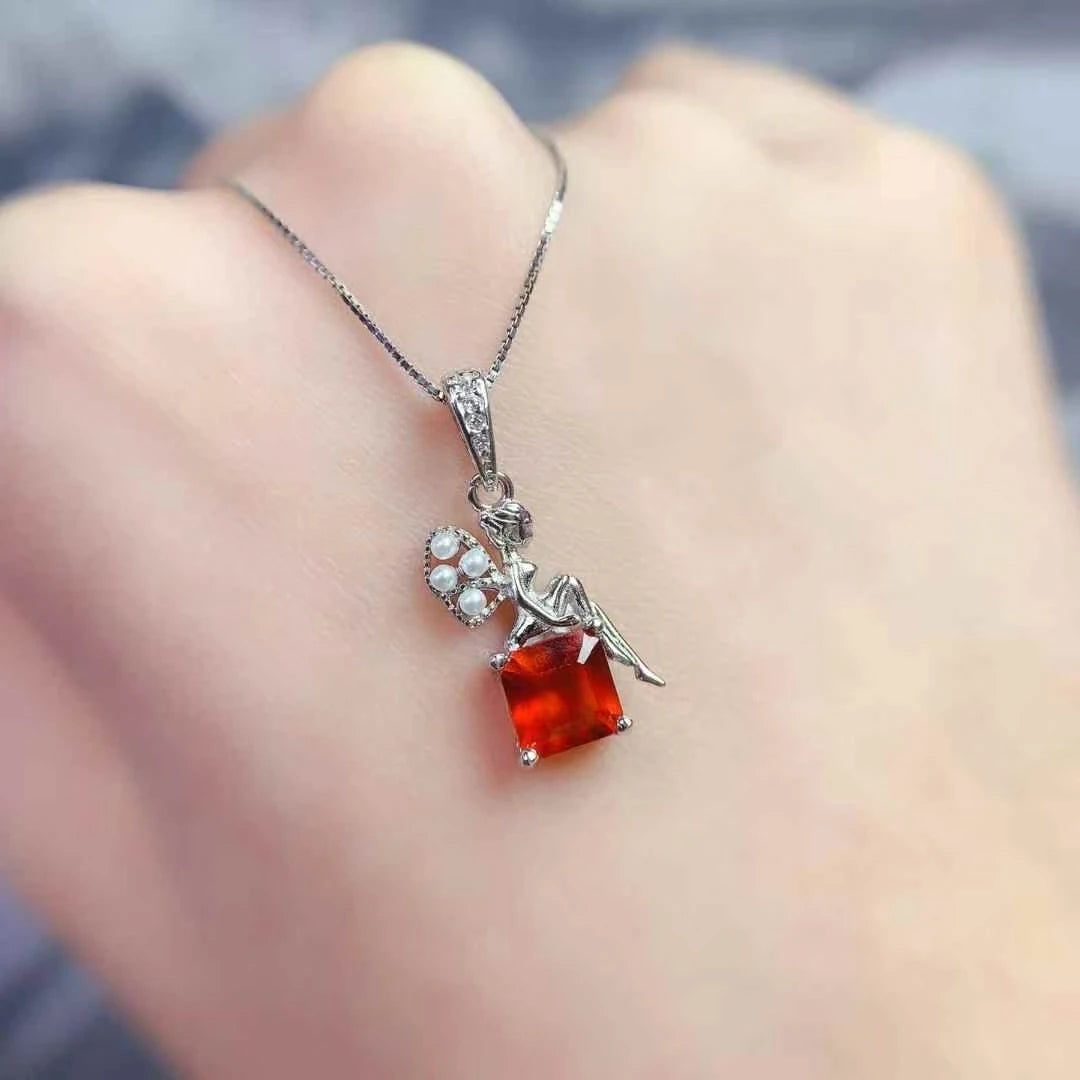 925 Silver Fairy Pendant with 6mm Natural Garnet – 18K Gold Plated Necklace – Birthday Gift for Women